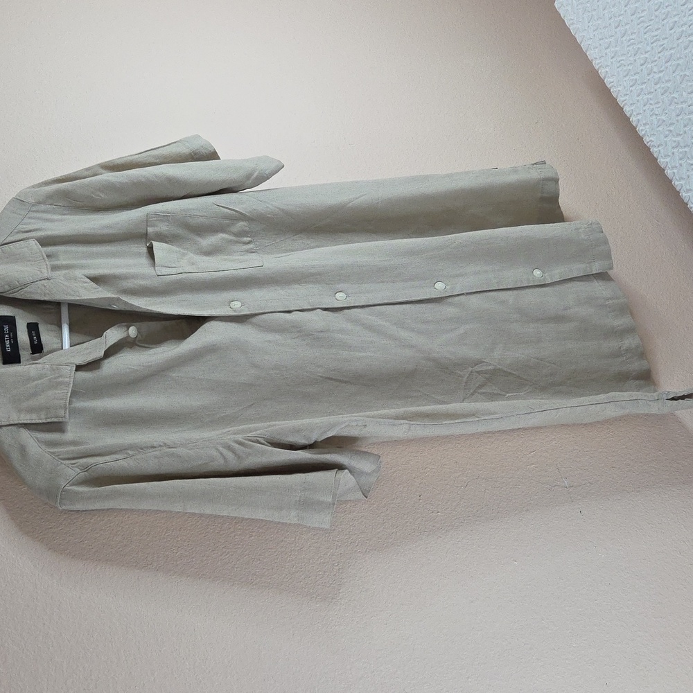 Kenneth Cole Mens Sm Slim LINEN Beige Full Button Up Short Sleeve